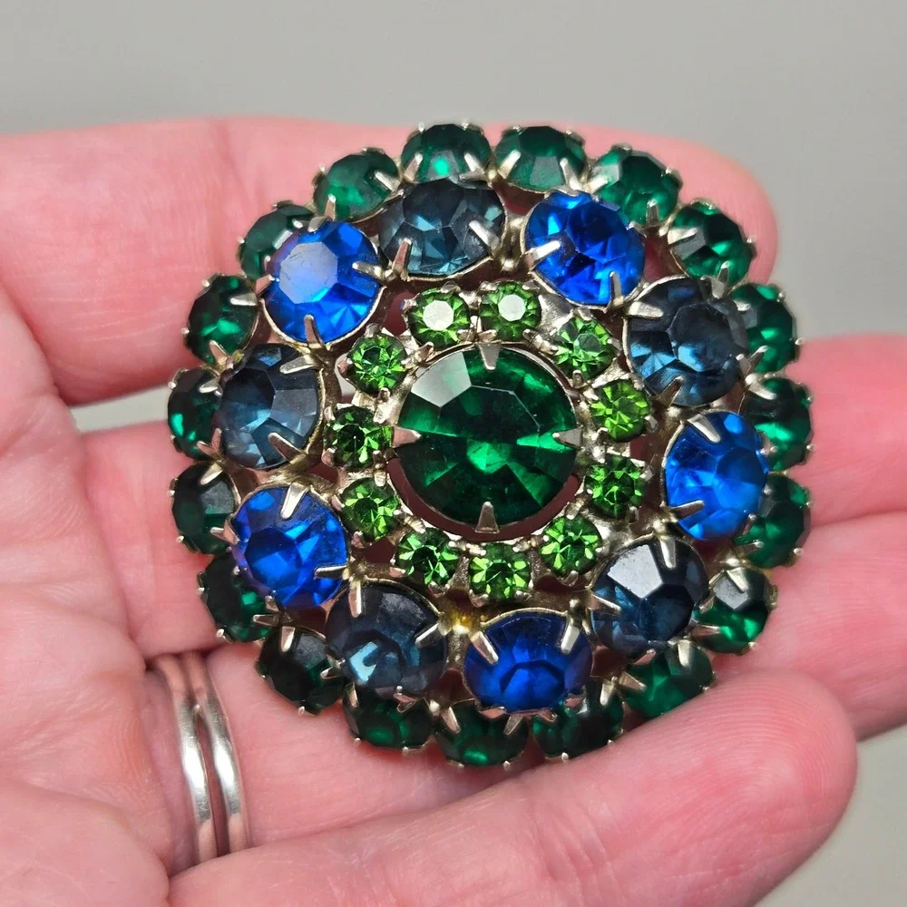 Vintage Austrian Blue Green Rhinestone Domed Brooch Mid Century Peacock Pin